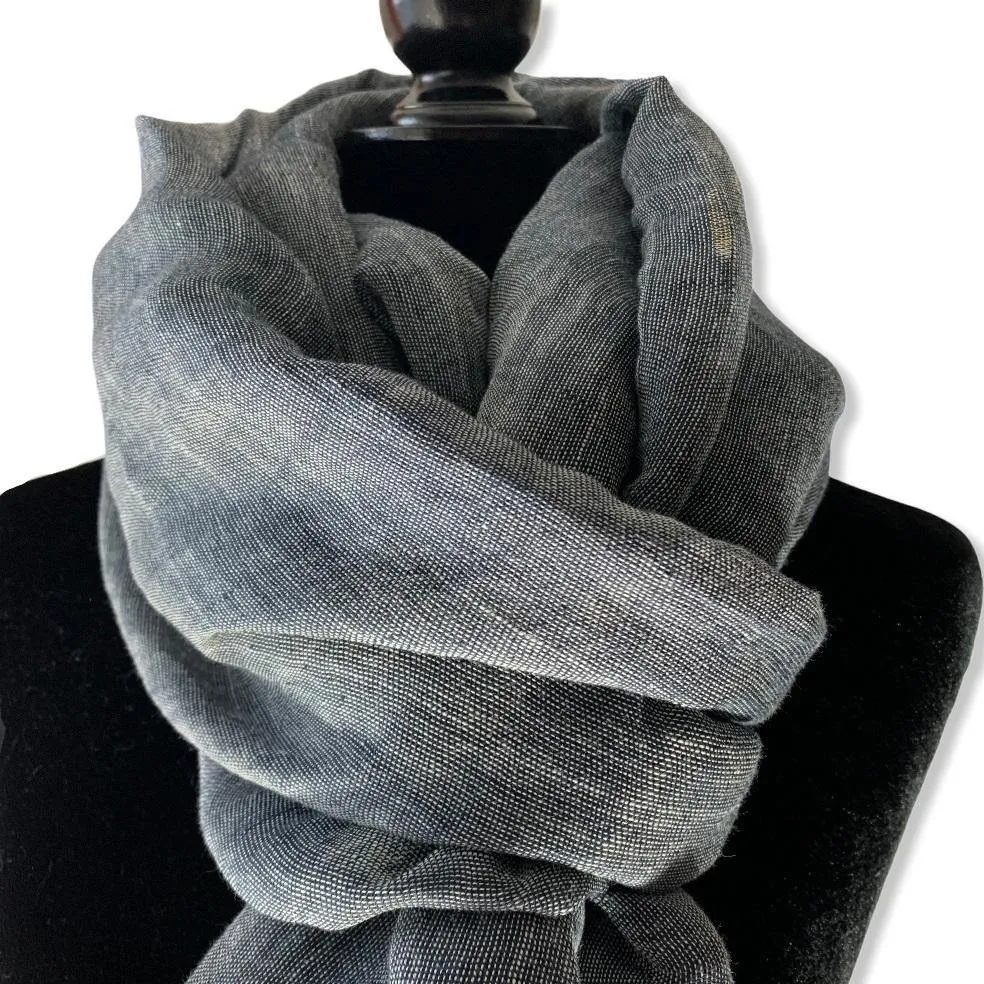 Linen Handwoven Scarf - Charcoal & white