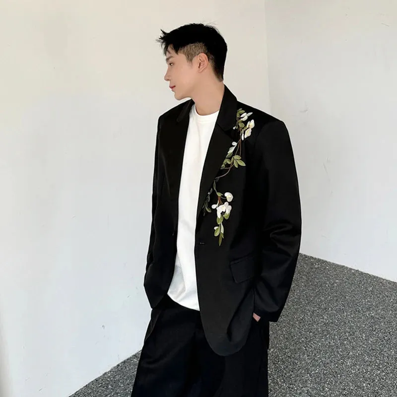 Male Suit Jacket Lapel Single Button Spring Summer Chinese Style Embroidery Pocket Men's Coat Casual Clothing 9C5370