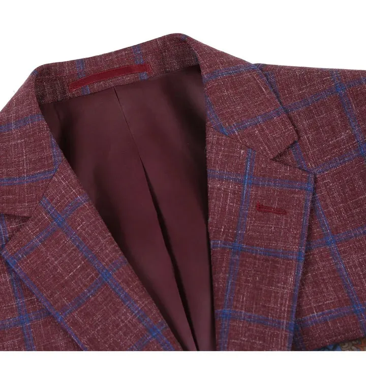 Mens Blazer - Cheap Priced Mens Sport Coat - Mens Slim Fit Two Button Wool Sport Coat Blazer In Burgundy & Blue Windowpane Plaid