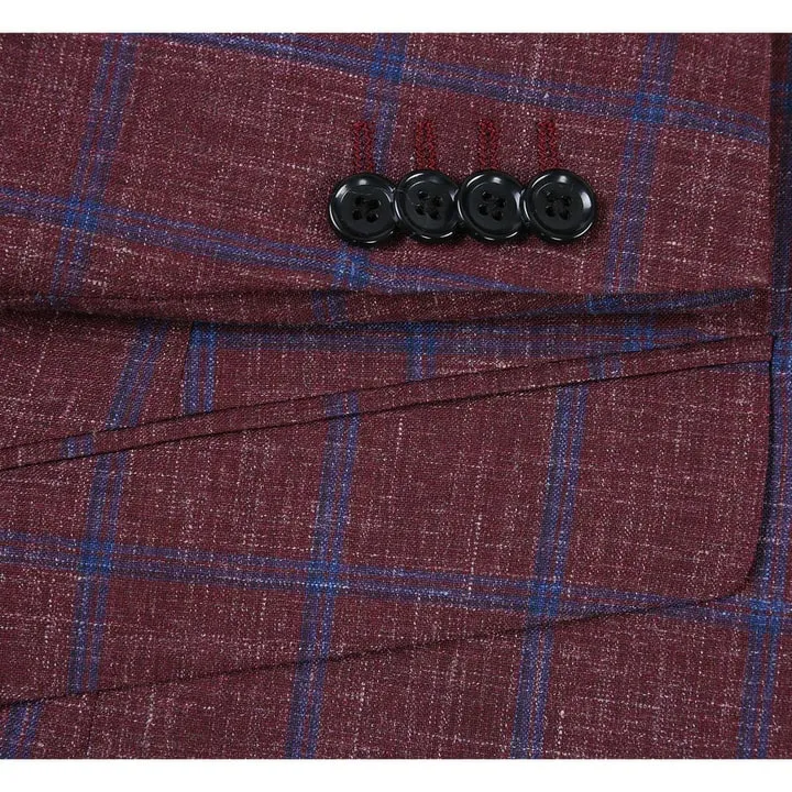 Mens Blazer - Cheap Priced Mens Sport Coat - Mens Slim Fit Two Button Wool Sport Coat Blazer In Burgundy & Blue Windowpane Plaid