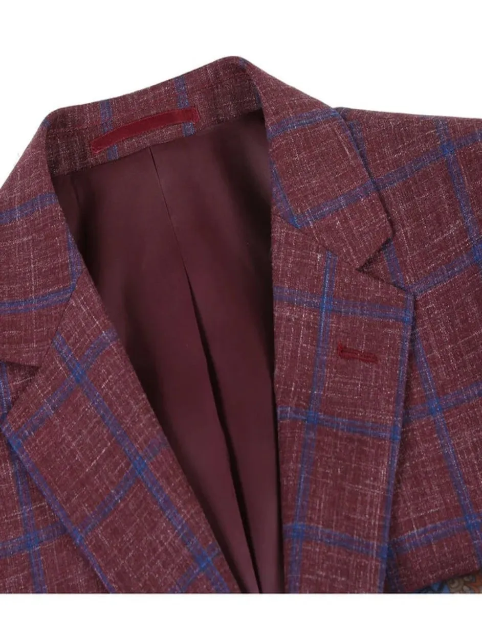 Mens Slim Fit Two Button Wool Sport Coat Burgundy and Blue Windowpane Plaid Blazer