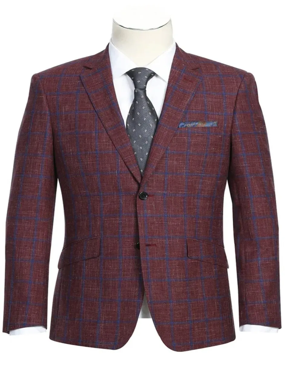 Mens Slim Fit Two Button Wool Sport Coat Burgundy and Blue Windowpane Plaid Blazer