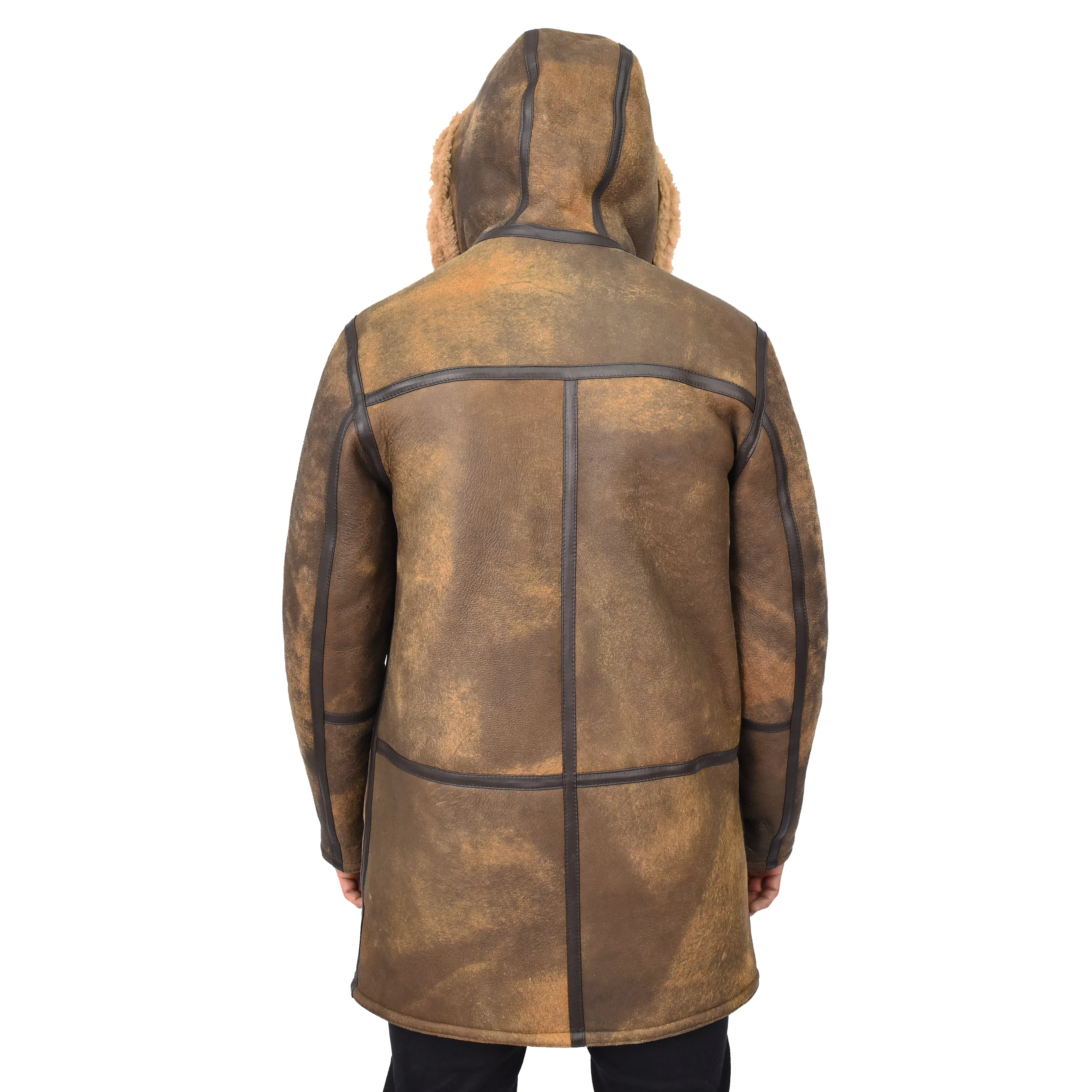 Mens Winter Antique Sheepskin Duffle Coat ¾ Length Shearling Duncan Brown