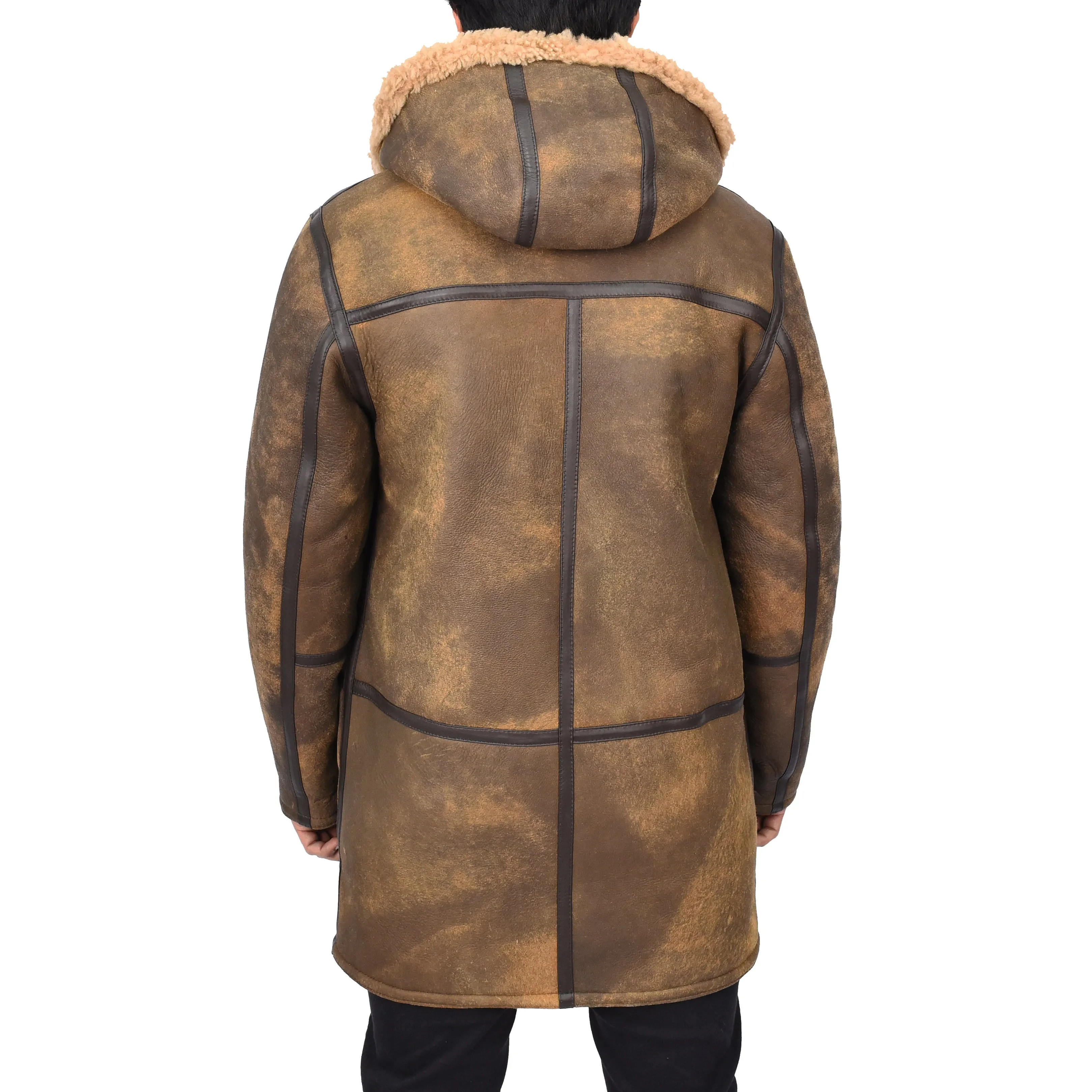 Mens Winter Antique Sheepskin Duffle Coat ¾ Length Shearling Duncan Brown