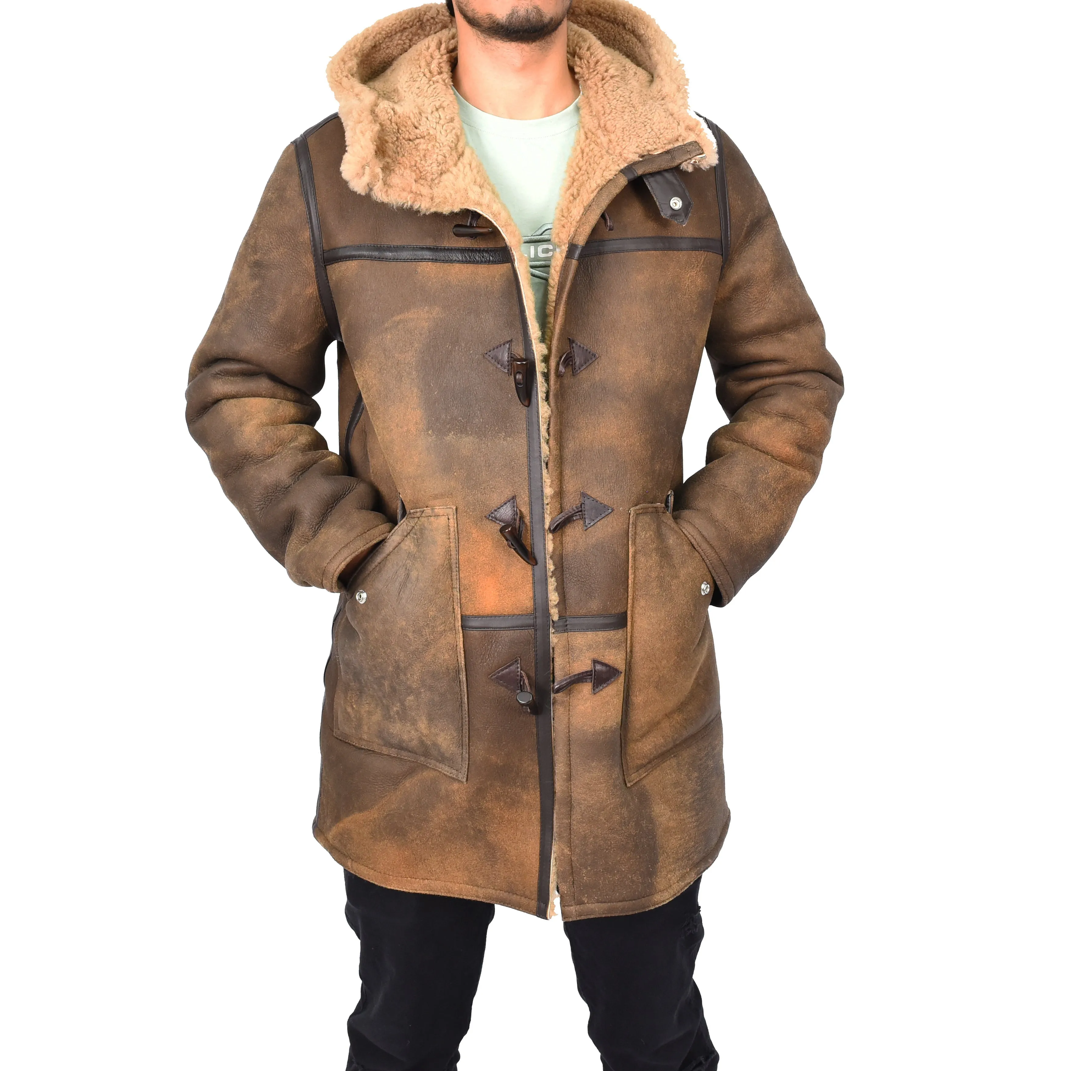 Mens Winter Antique Sheepskin Duffle Coat ¾ Length Shearling Duncan Brown