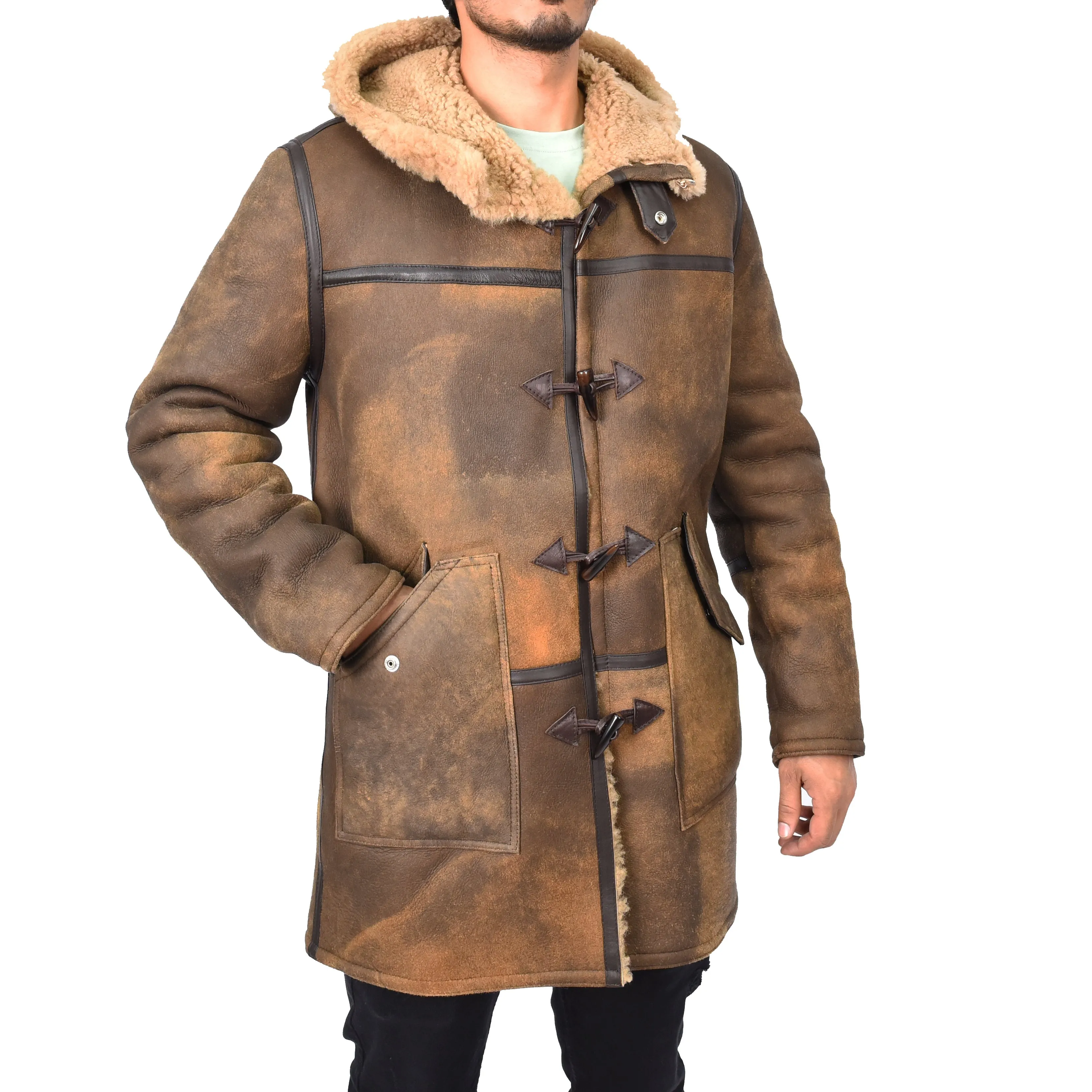 Mens Winter Antique Sheepskin Duffle Coat ¾ Length Shearling Duncan Brown