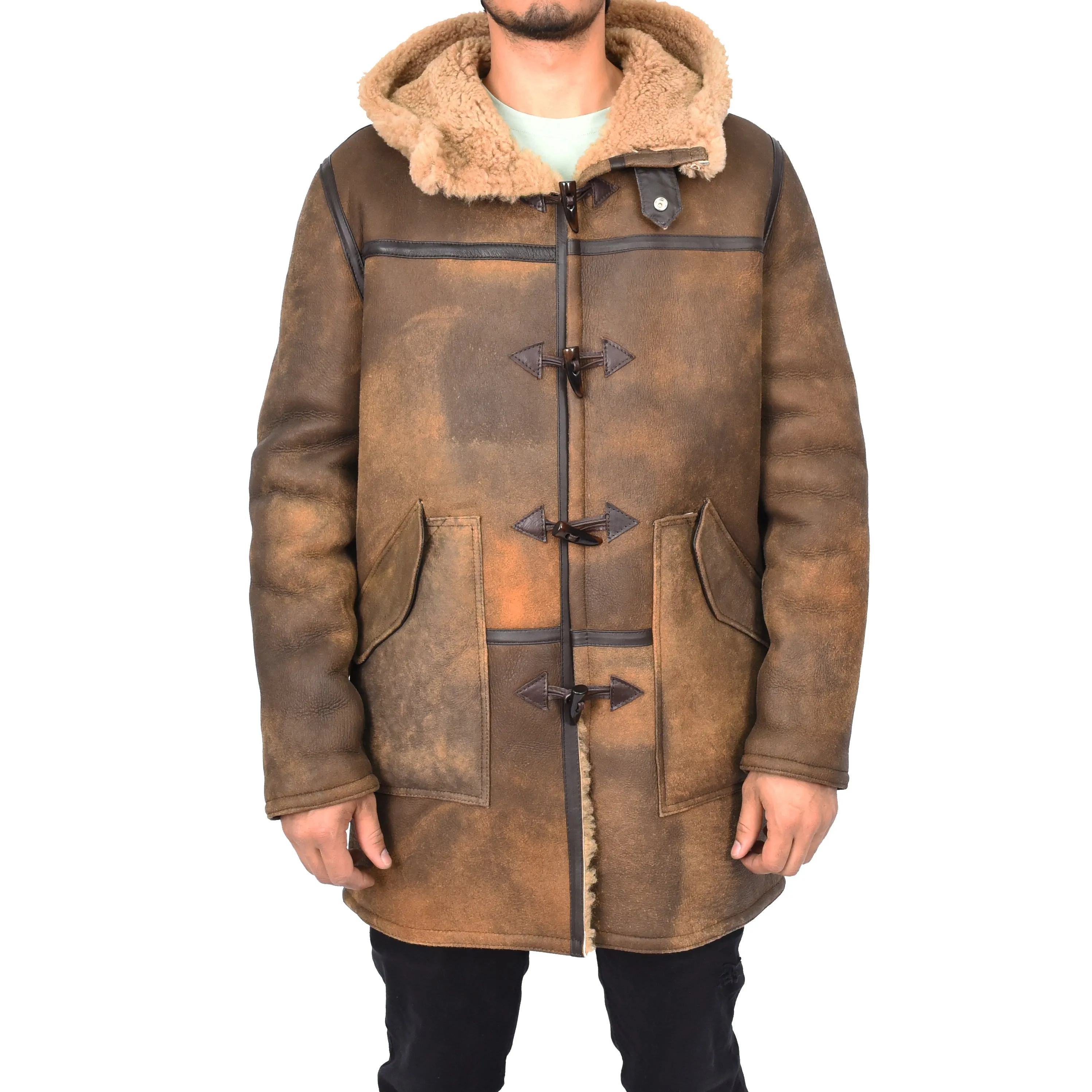 Mens Winter Antique Sheepskin Duffle Coat ¾ Length Shearling Duncan Brown