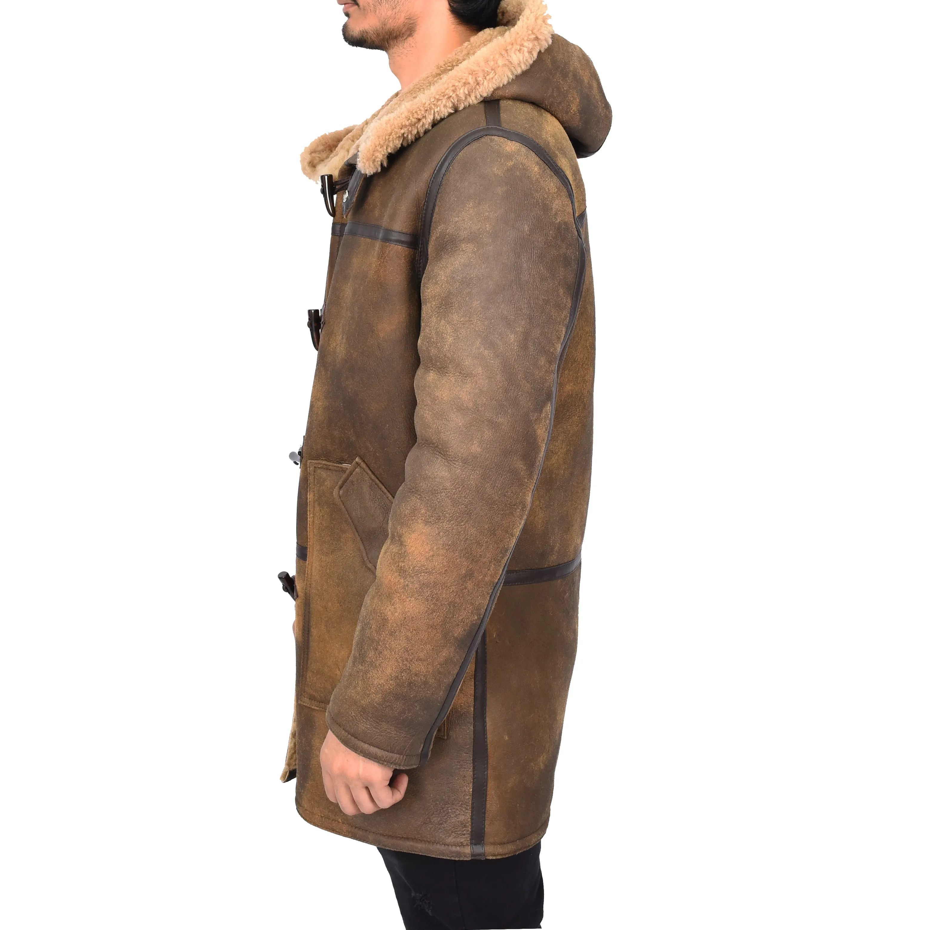 Mens Winter Antique Sheepskin Duffle Coat ¾ Length Shearling Duncan Brown