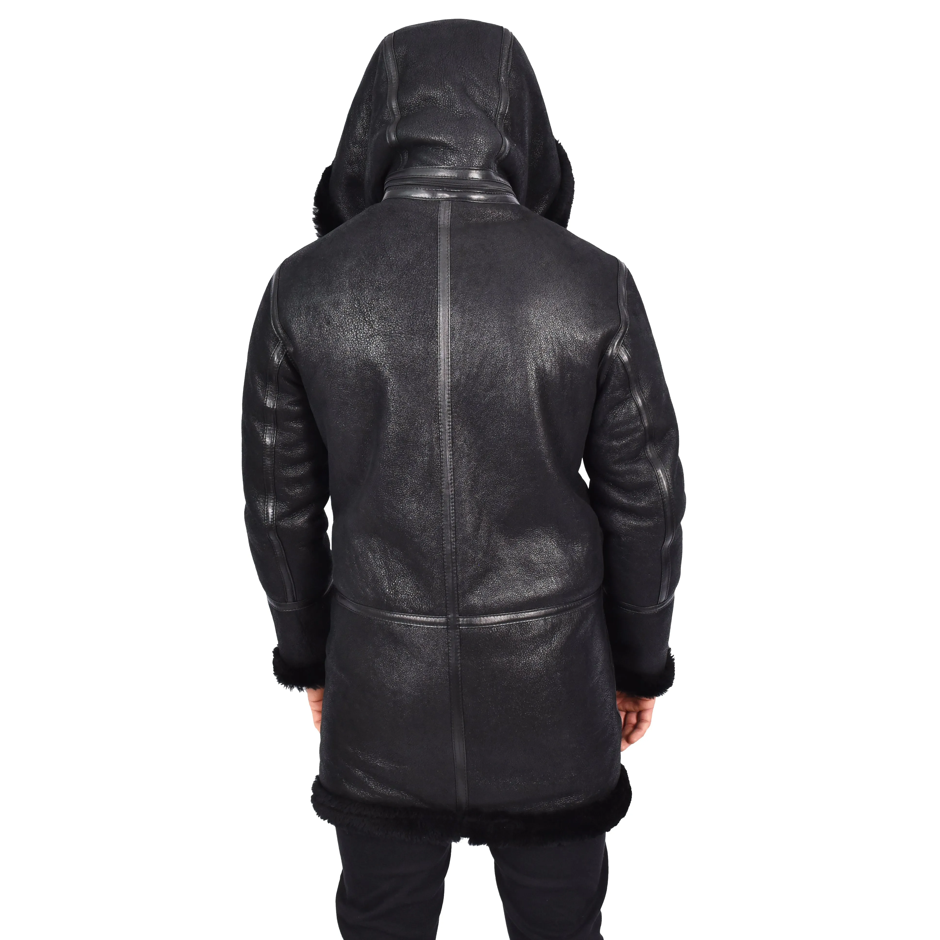 Mens Winter Sheepskin Hooded Duffel Coat ¾ Length Shearling Ronald Black