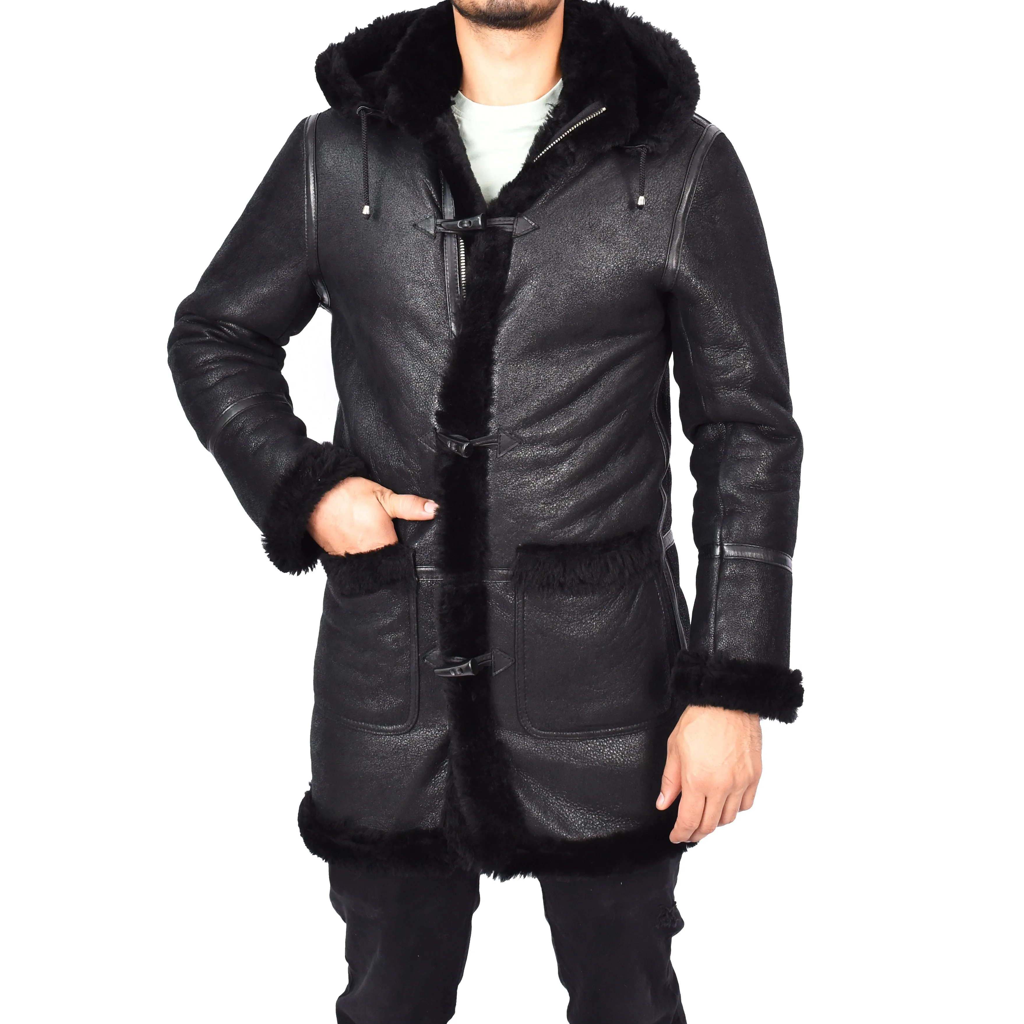 Mens Winter Sheepskin Hooded Duffel Coat ¾ Length Shearling Ronald Black