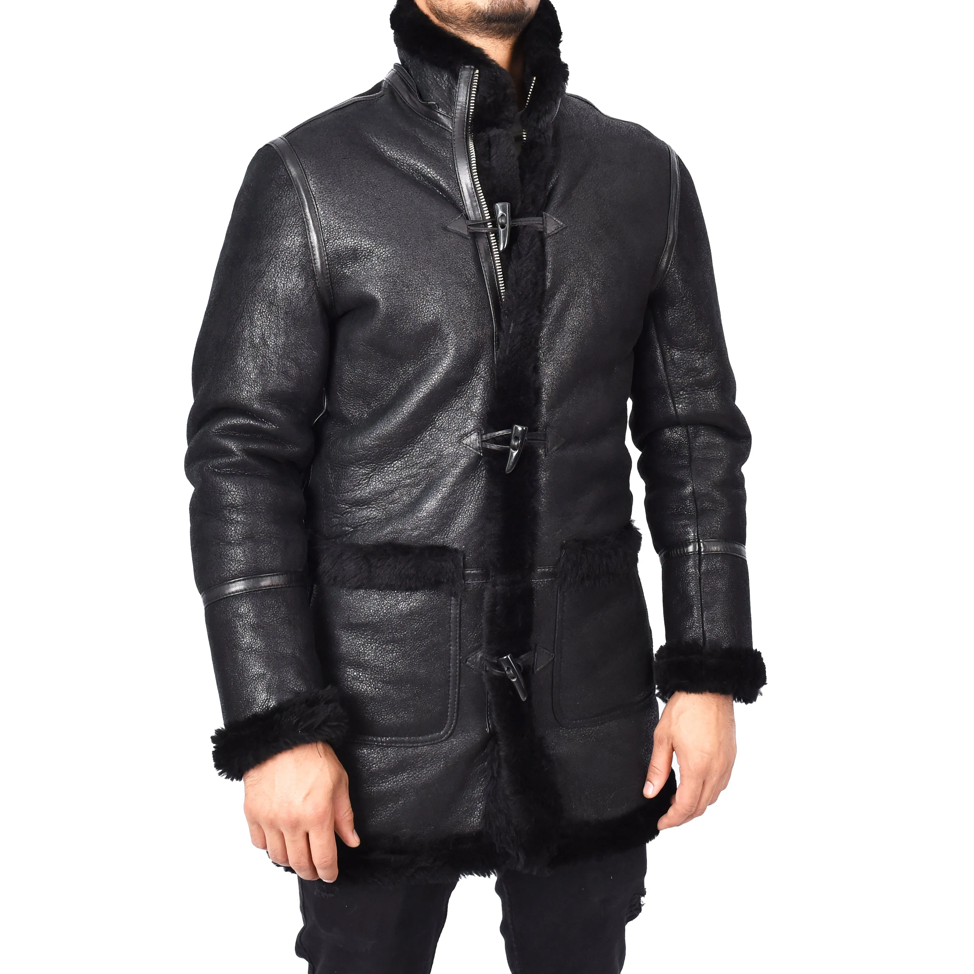 Mens Winter Sheepskin Hooded Duffel Coat ¾ Length Shearling Ronald Black