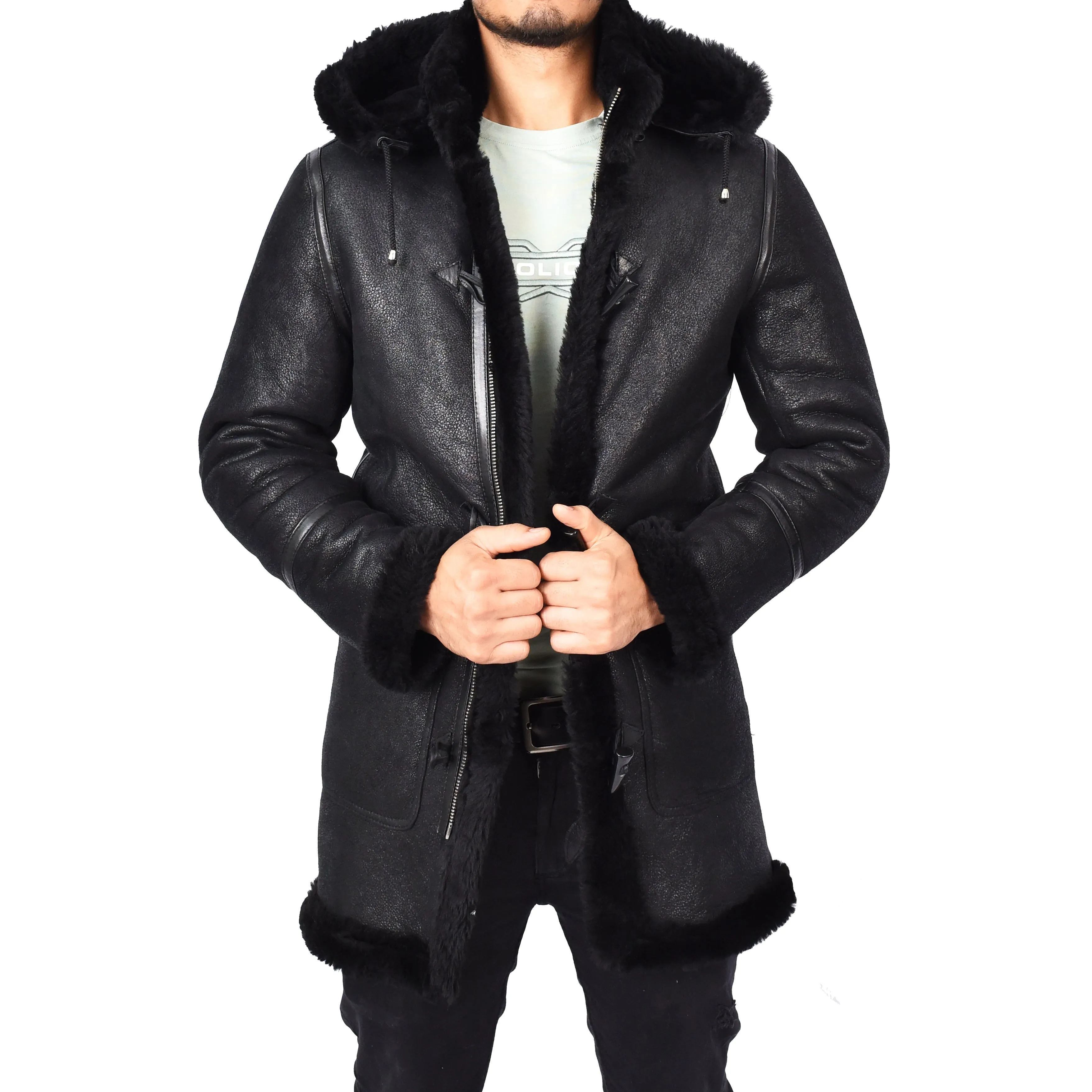 Mens Winter Sheepskin Hooded Duffel Coat ¾ Length Shearling Ronald Black