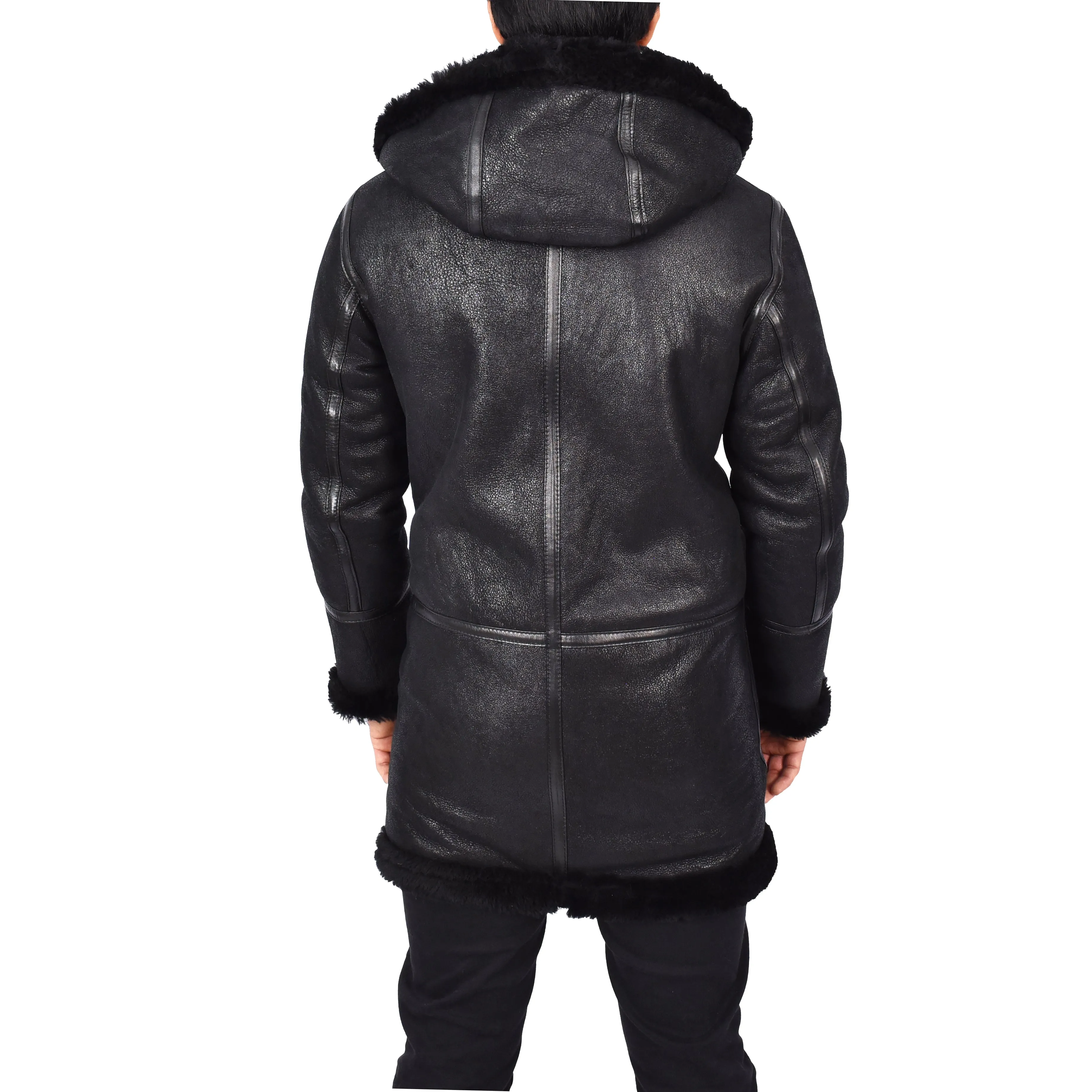 Mens Winter Sheepskin Hooded Duffel Coat ¾ Length Shearling Ronald Black