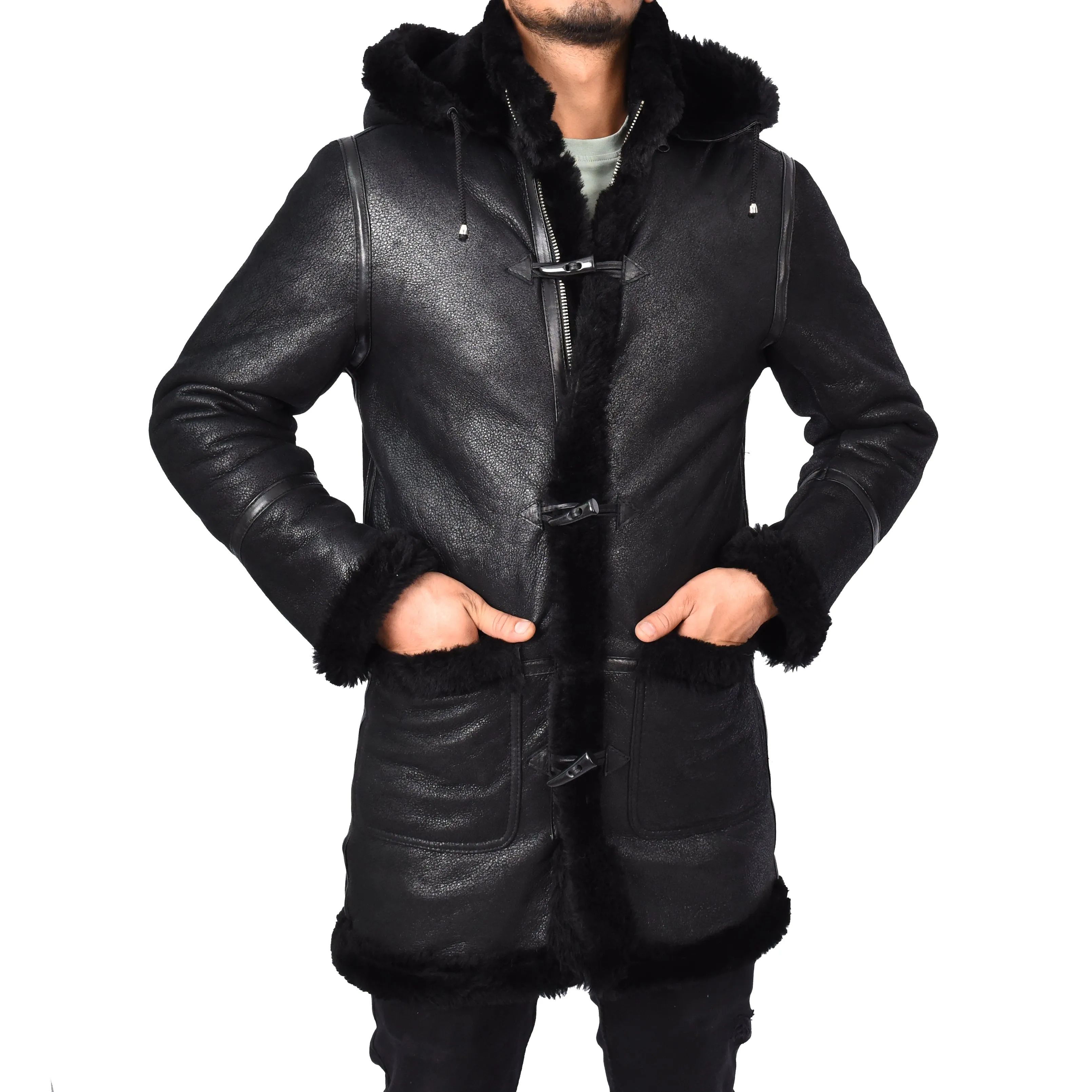 Mens Winter Sheepskin Hooded Duffel Coat ¾ Length Shearling Ronald Black