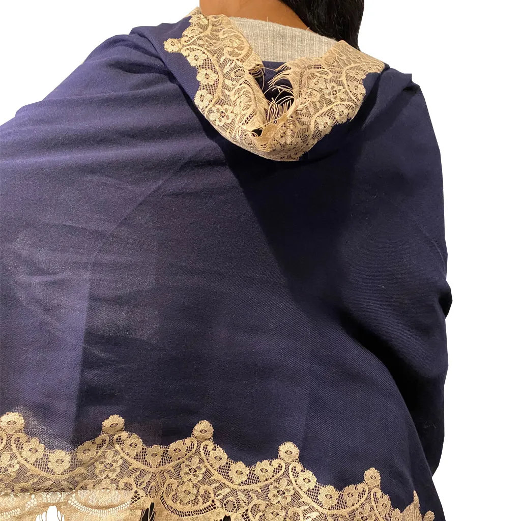 Midnight Blue Pashmina Large Shawl with Chantilly Lace edge