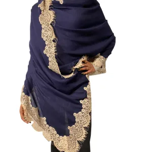 Midnight Blue Pashmina Large Shawl with Chantilly Lace edge