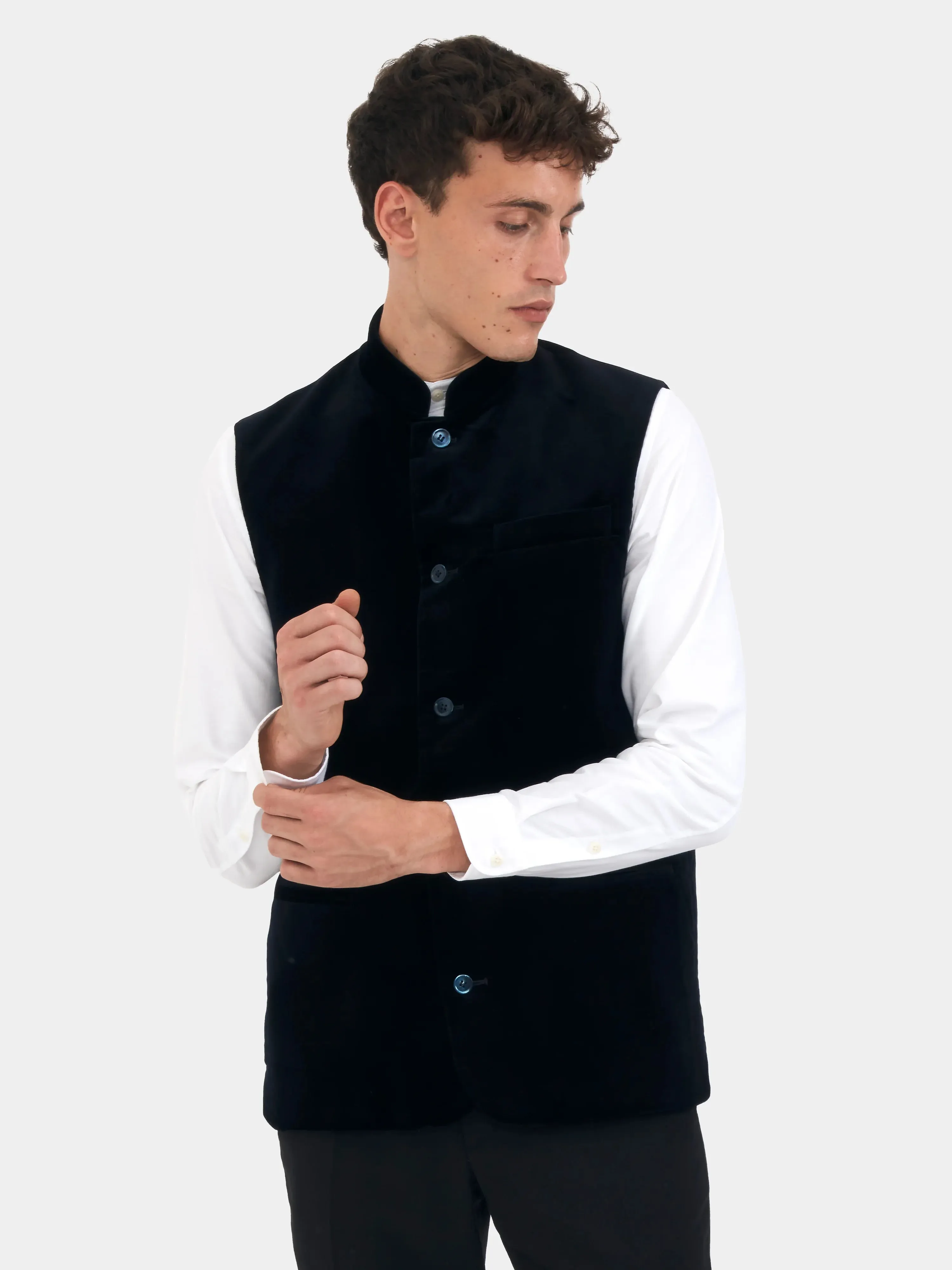 Midnight Navy Organic Velvet Nehru Waistcoat