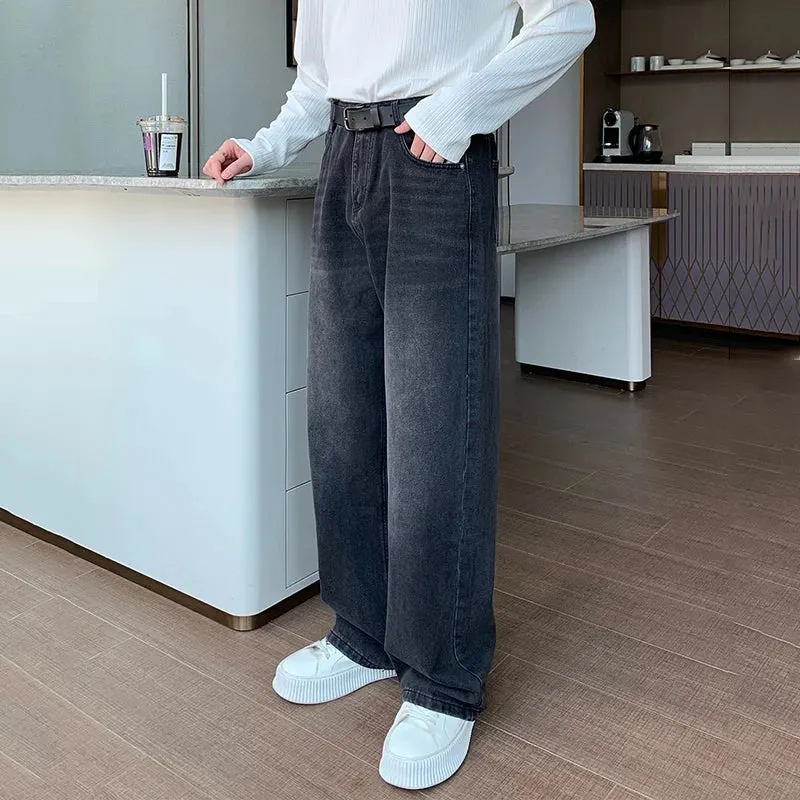 Minimalist Men's Jeans Droop Straight Washed Mopping Denim Pants Solid Color Wide Leg New Trousers Korean Style 9C6895