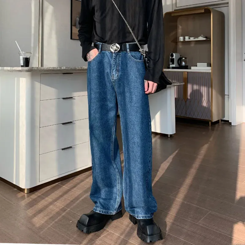 Minimalist Men's Jeans Droop Straight Washed Mopping Denim Pants Solid Color Wide Leg New Trousers Korean Style 9C6895