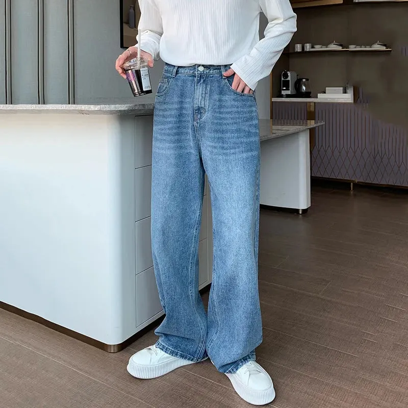 Minimalist Men's Jeans Droop Straight Washed Mopping Denim Pants Solid Color Wide Leg New Trousers Korean Style 9C6895