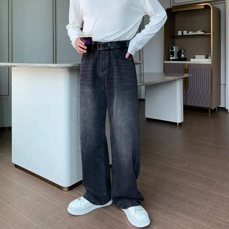 Minimalist Men's Jeans Droop Straight Washed Mopping Denim Pants Solid Color Wide Leg New Trousers Korean Style 9C6895