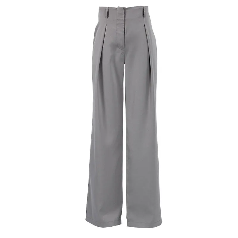 Minimalist Solid Color High Waist Pleat Trim Side Pocket Wide Leg Pants - Gray