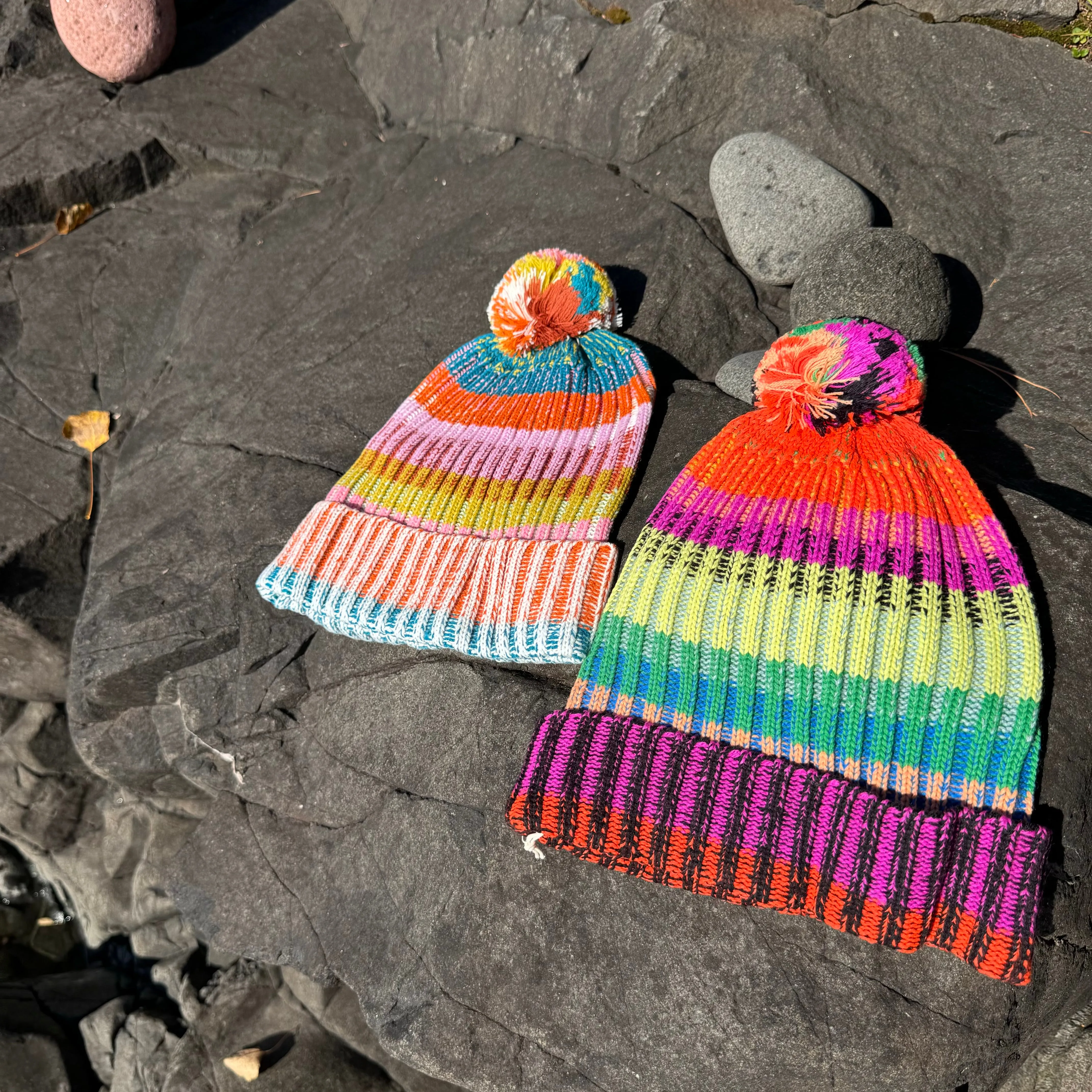 Mosaic Stripe Pom Beanie Hat by Verloop Knits