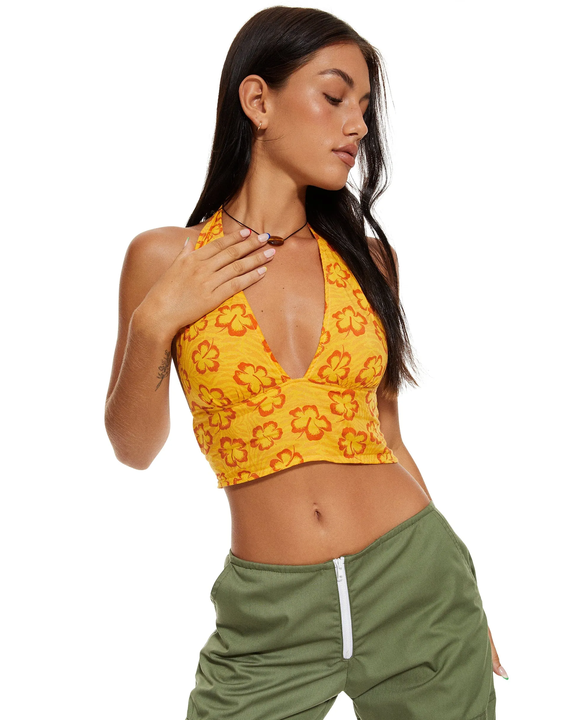 MOTEL X BARBARA Nanda Crop Top in Hibiscus Zebra Orange