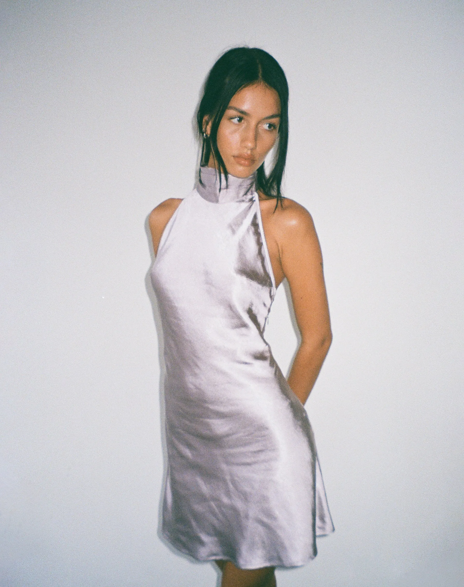 MOTEL X JACQUIE Atik Halterneck Mini Dress in Satin Silver