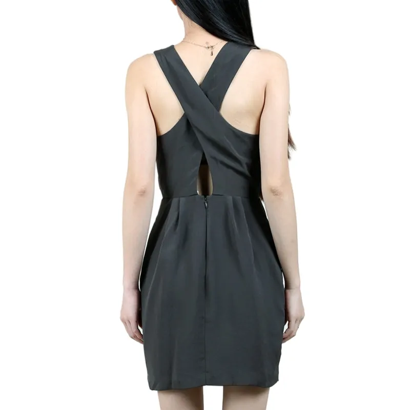 N849 Women solid V-neck cross back sleeveless mock wrap cinched waist mini dress