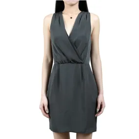 N849 Women solid V-neck cross back sleeveless mock wrap cinched waist mini dress