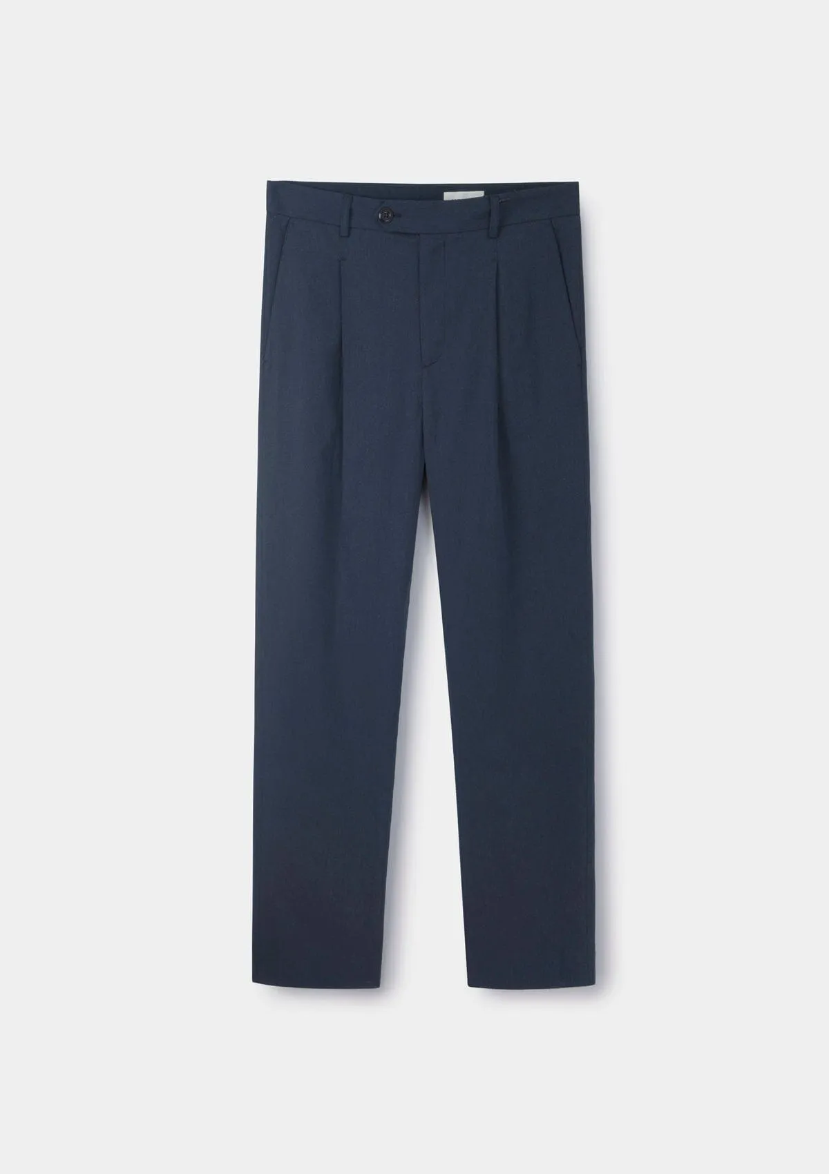 Navy Cotton Linen High-Waisted Pleated Trousers