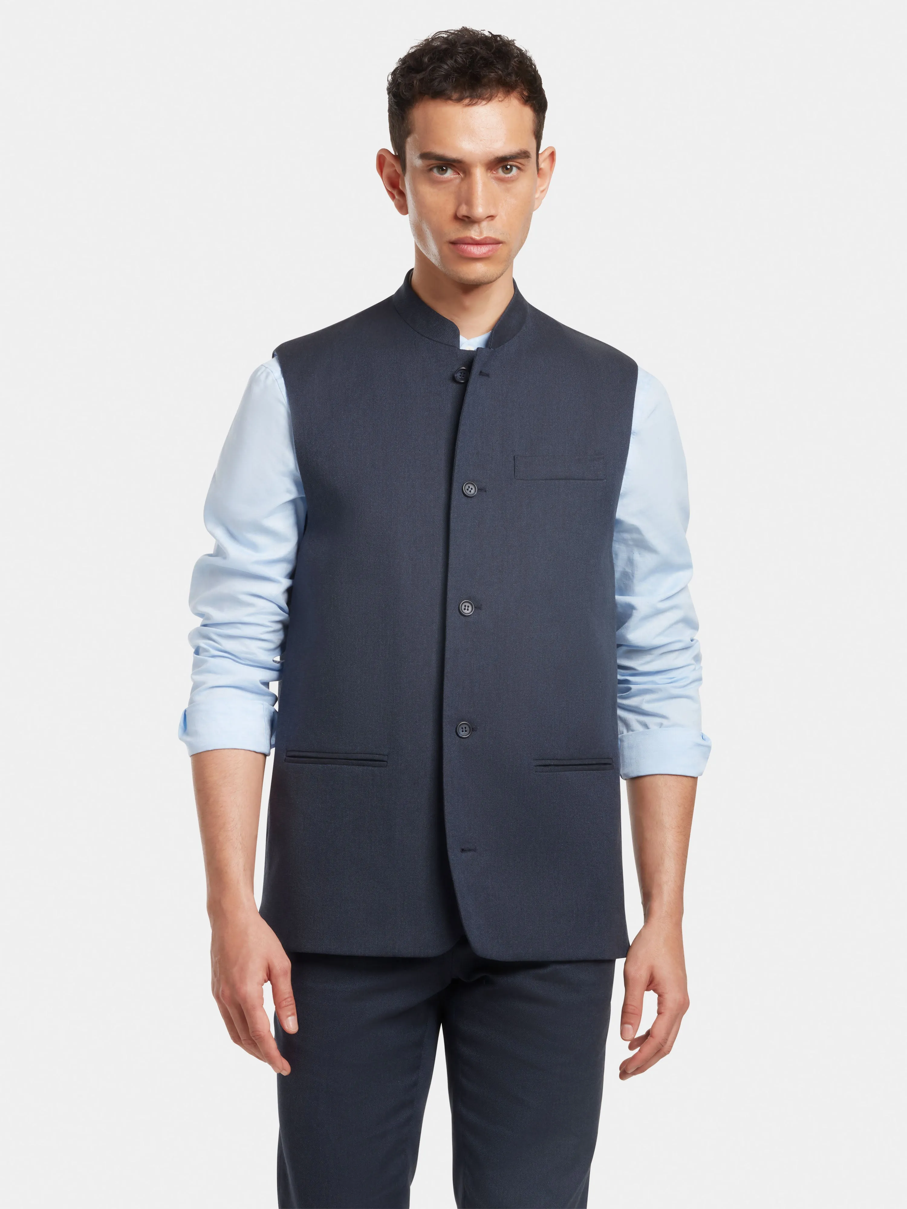 Navy Cotton Linen Nehru Waistcoat