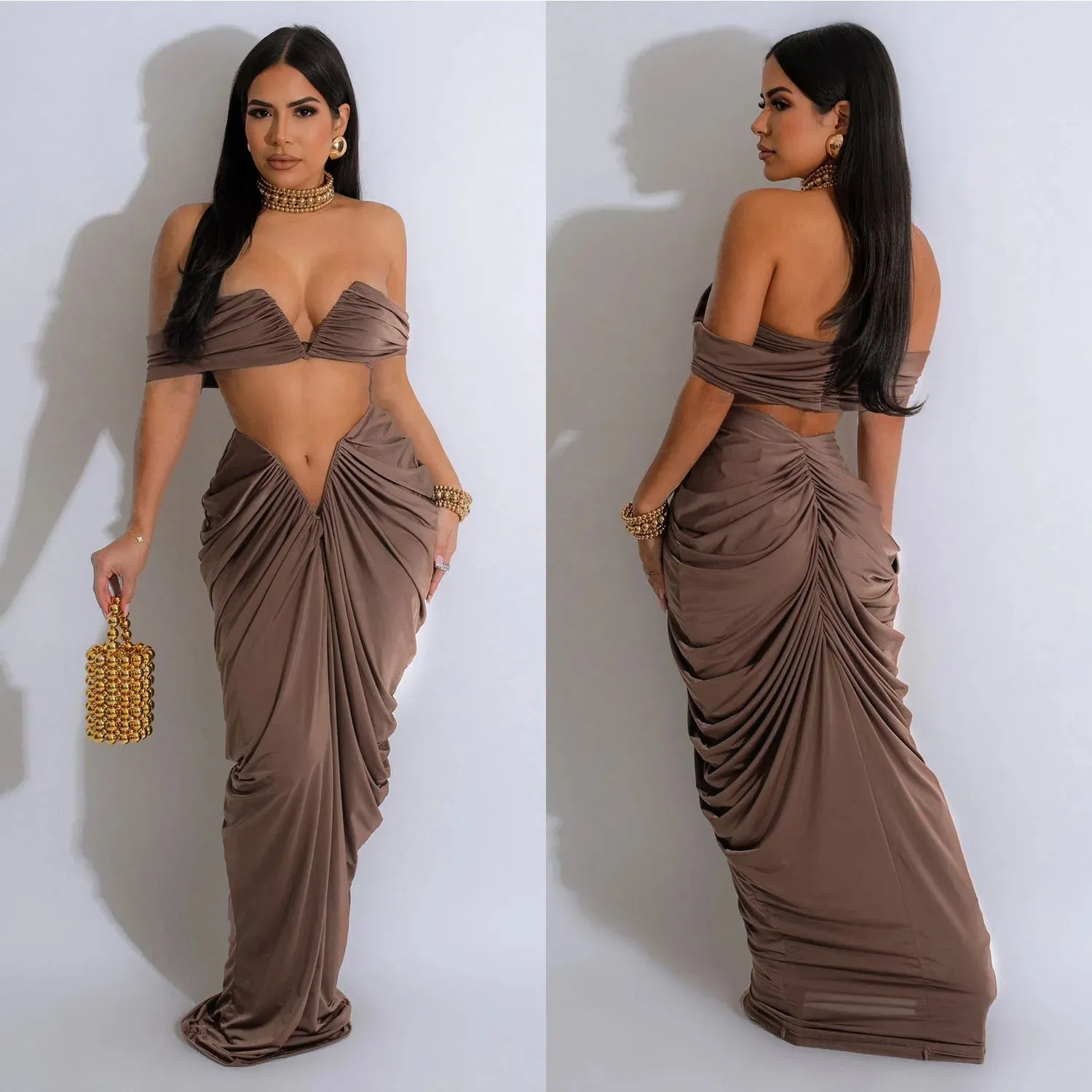 New Fashion Women's Pleated Set Summer Strapless Top And Slim-Fit Maxi Dress Suit Solid Color Ladies Two-Piece Outfits