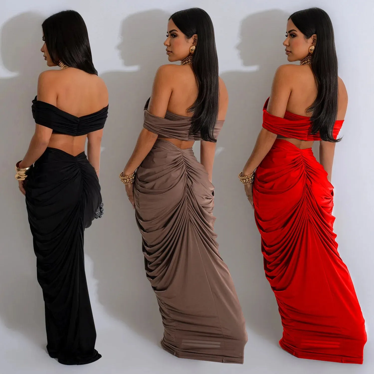 New Fashion Women's Pleated Set Summer Strapless Top And Slim-Fit Maxi Dress Suit Solid Color Ladies Two-Piece Outfits