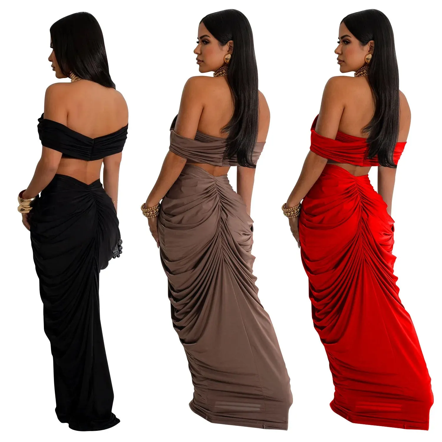 New Fashion Women's Pleated Set Summer Strapless Top And Slim-Fit Maxi Dress Suit Solid Color Ladies Two-Piece Outfits