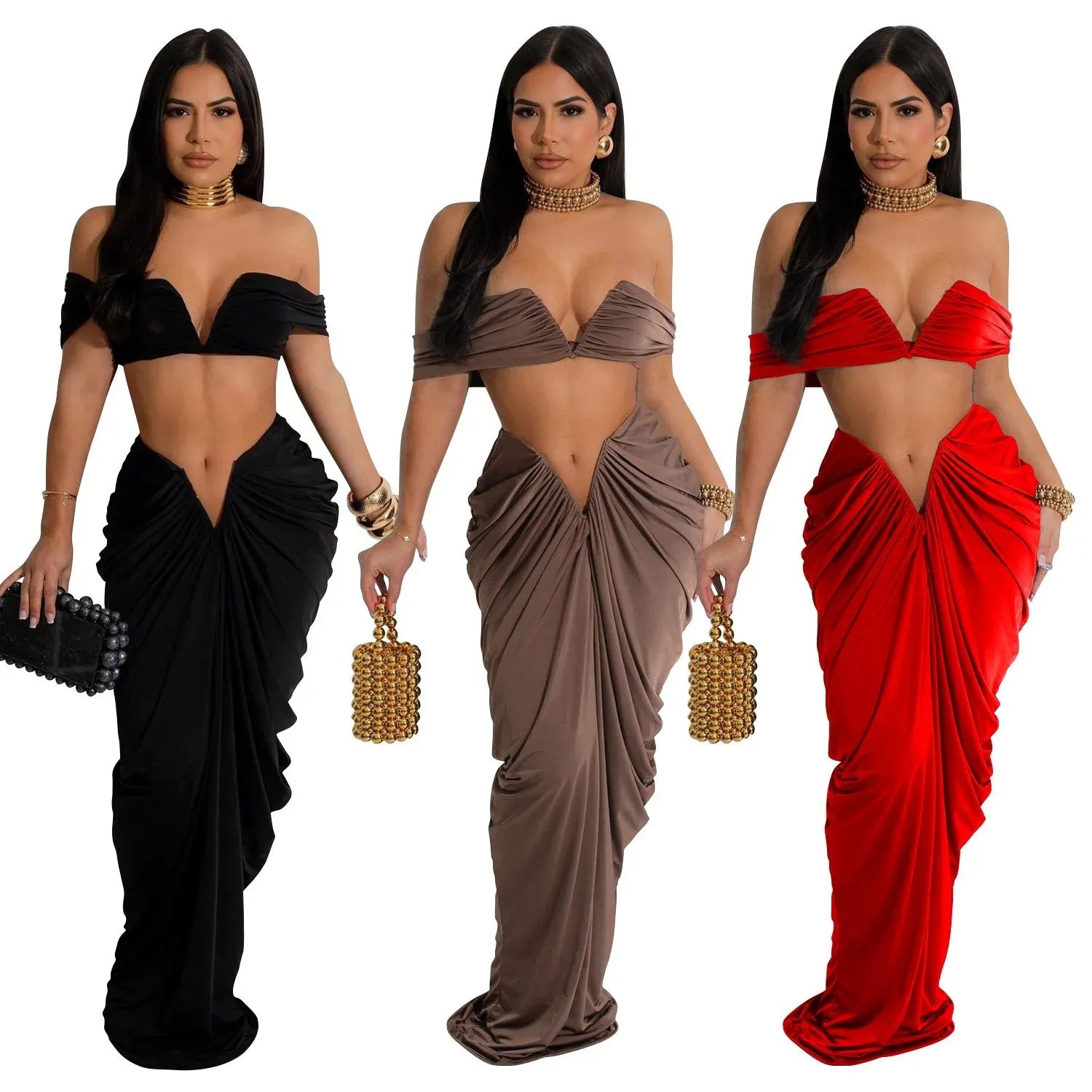 New Fashion Women's Pleated Set Summer Strapless Top And Slim-Fit Maxi Dress Suit Solid Color Ladies Two-Piece Outfits