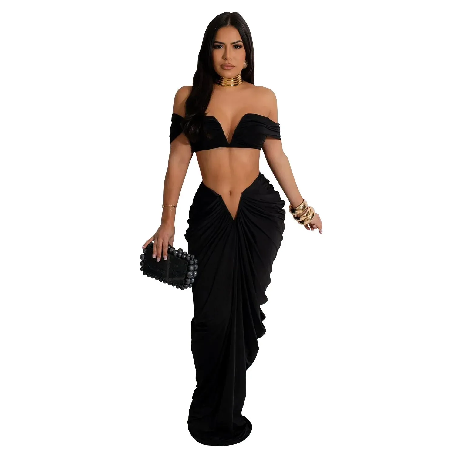 New Fashion Women's Pleated Set Summer Strapless Top And Slim-Fit Maxi Dress Suit Solid Color Ladies Two-Piece Outfits