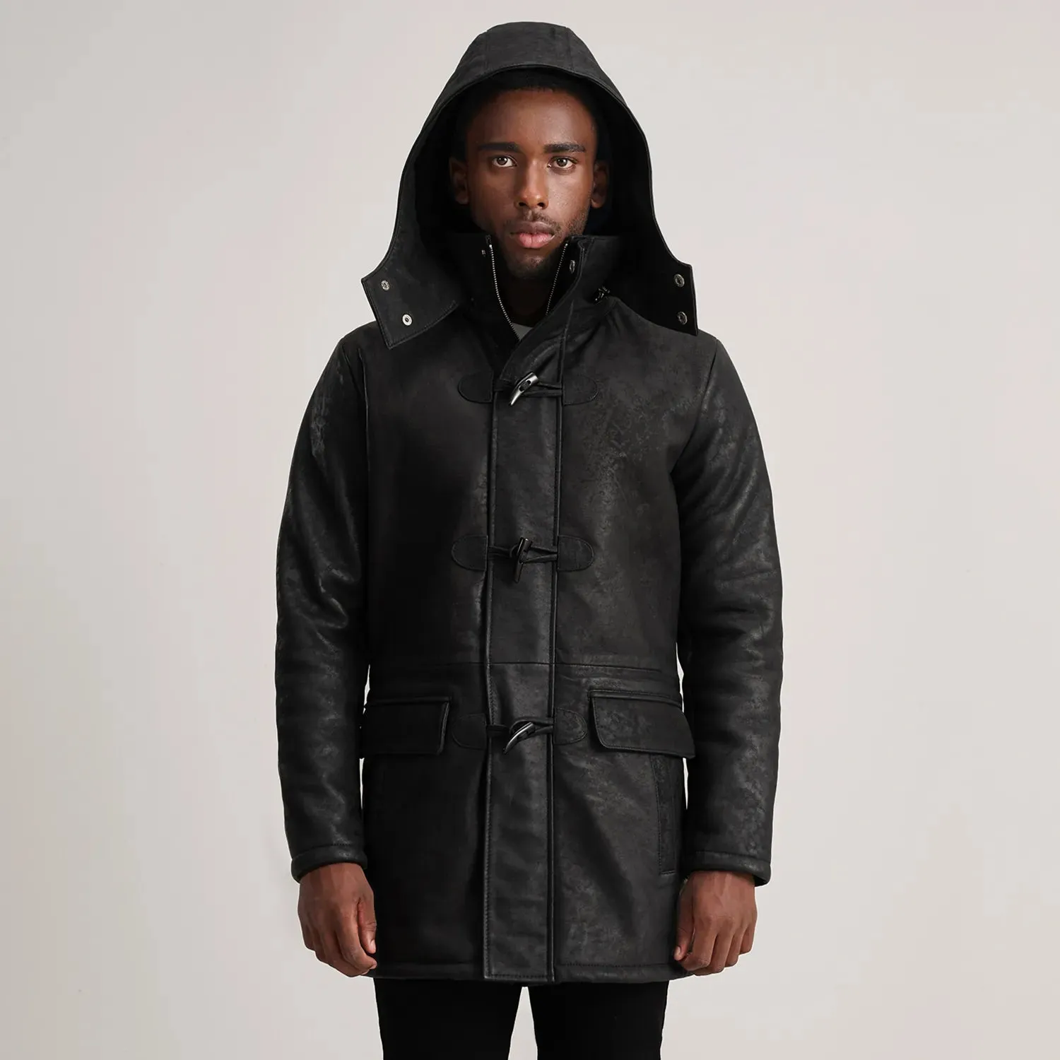 Nolan Black Snuffed Leather Duffle Coat