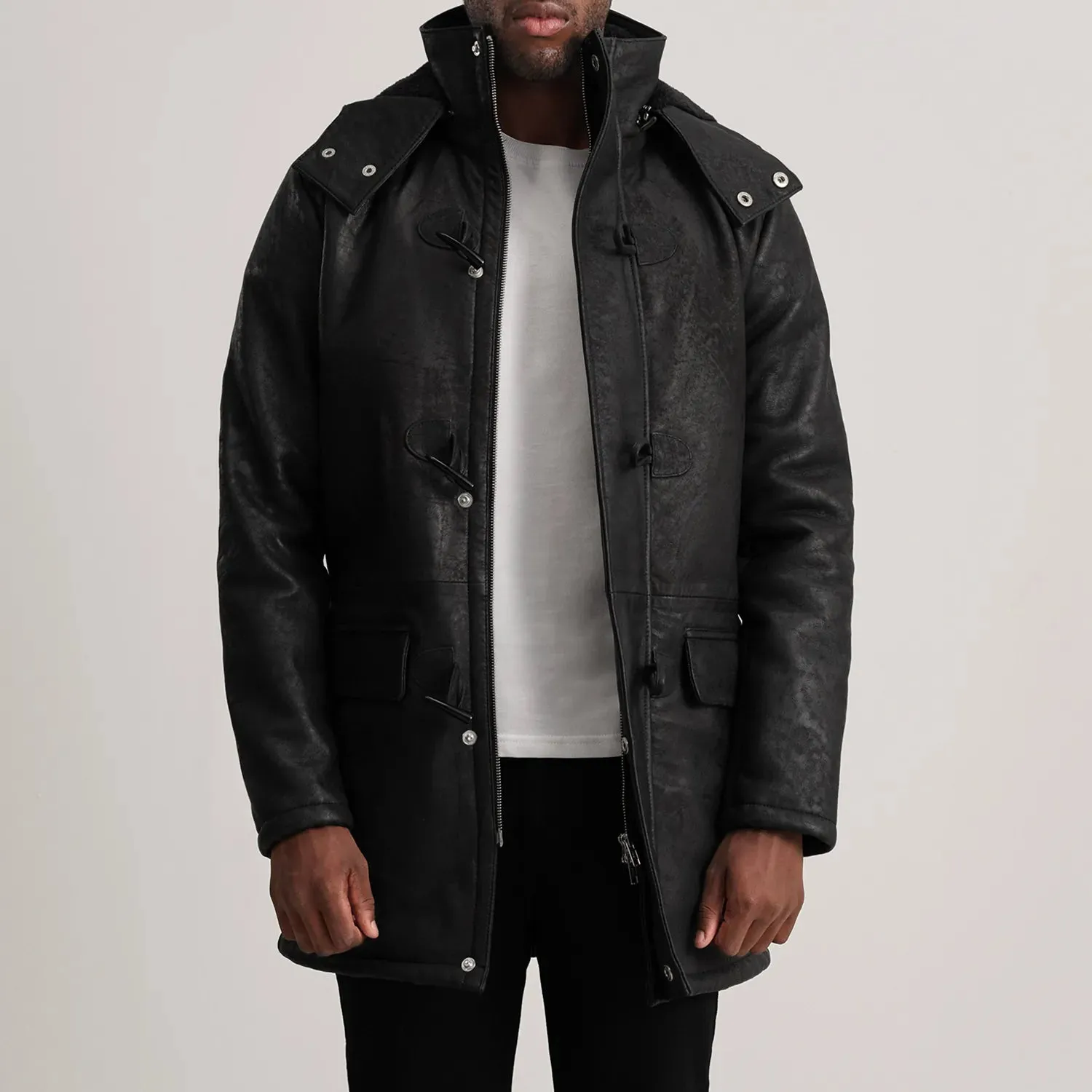 Nolan Black Snuffed Leather Duffle Coat