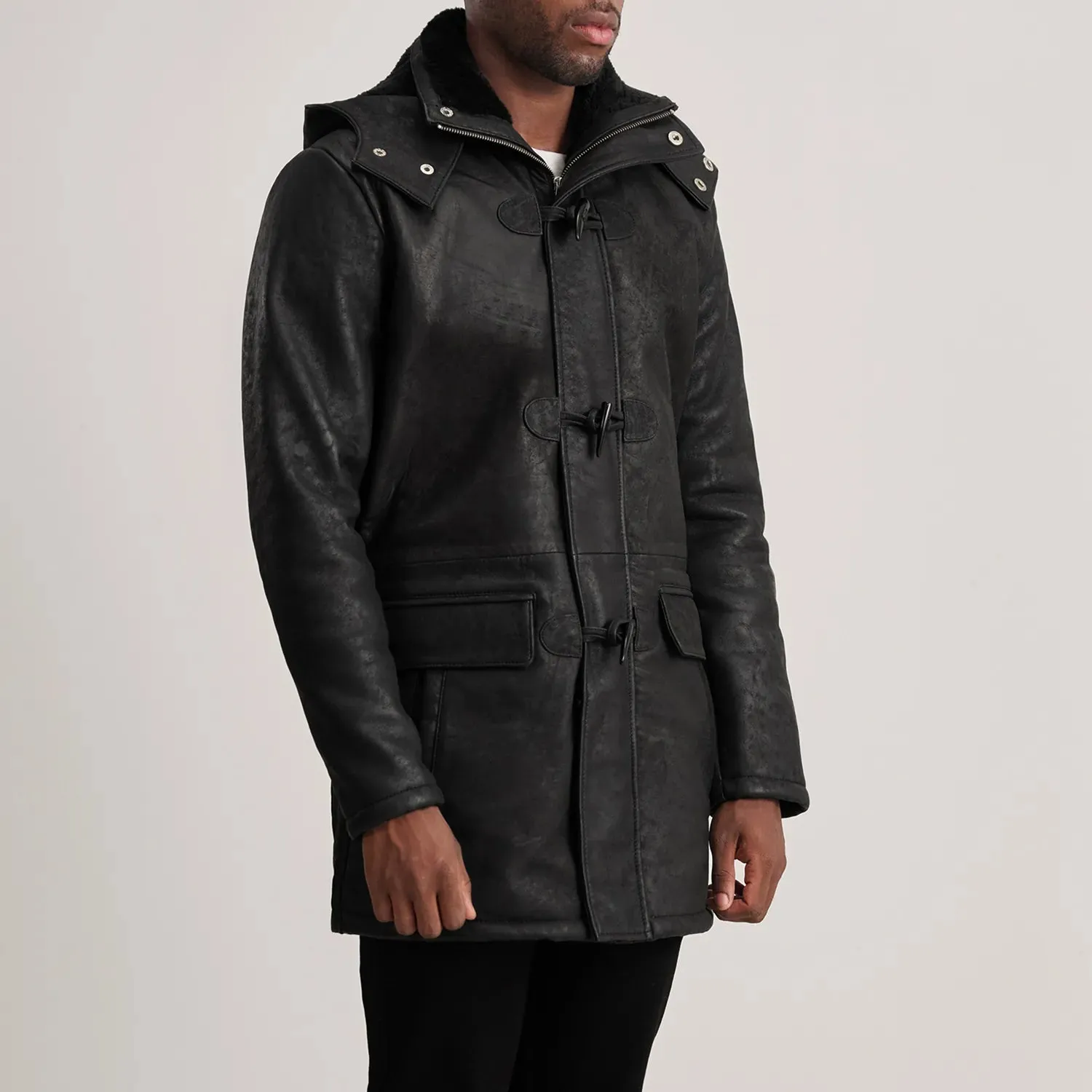 Nolan Black Snuffed Leather Duffle Coat