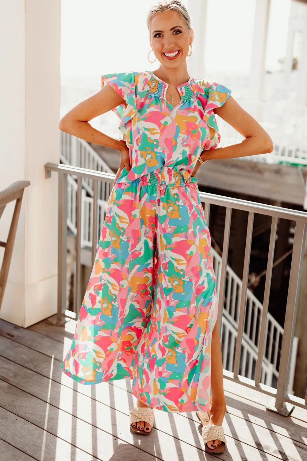 Pink Abstract Ruffle Sleeve Top & Smocked Wide Leg Pants Set