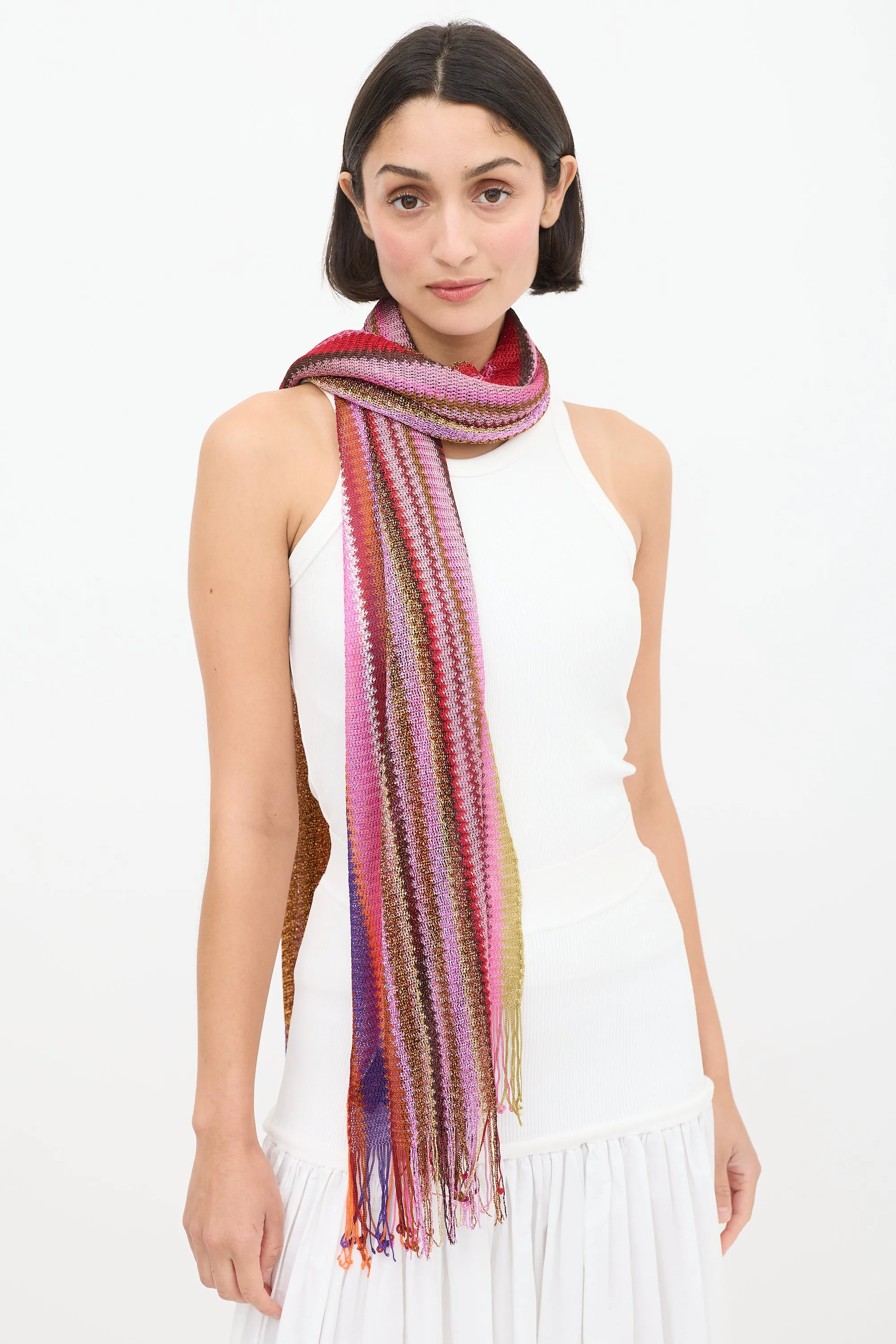 Pink & Multicolour Metallic Striped Scarf