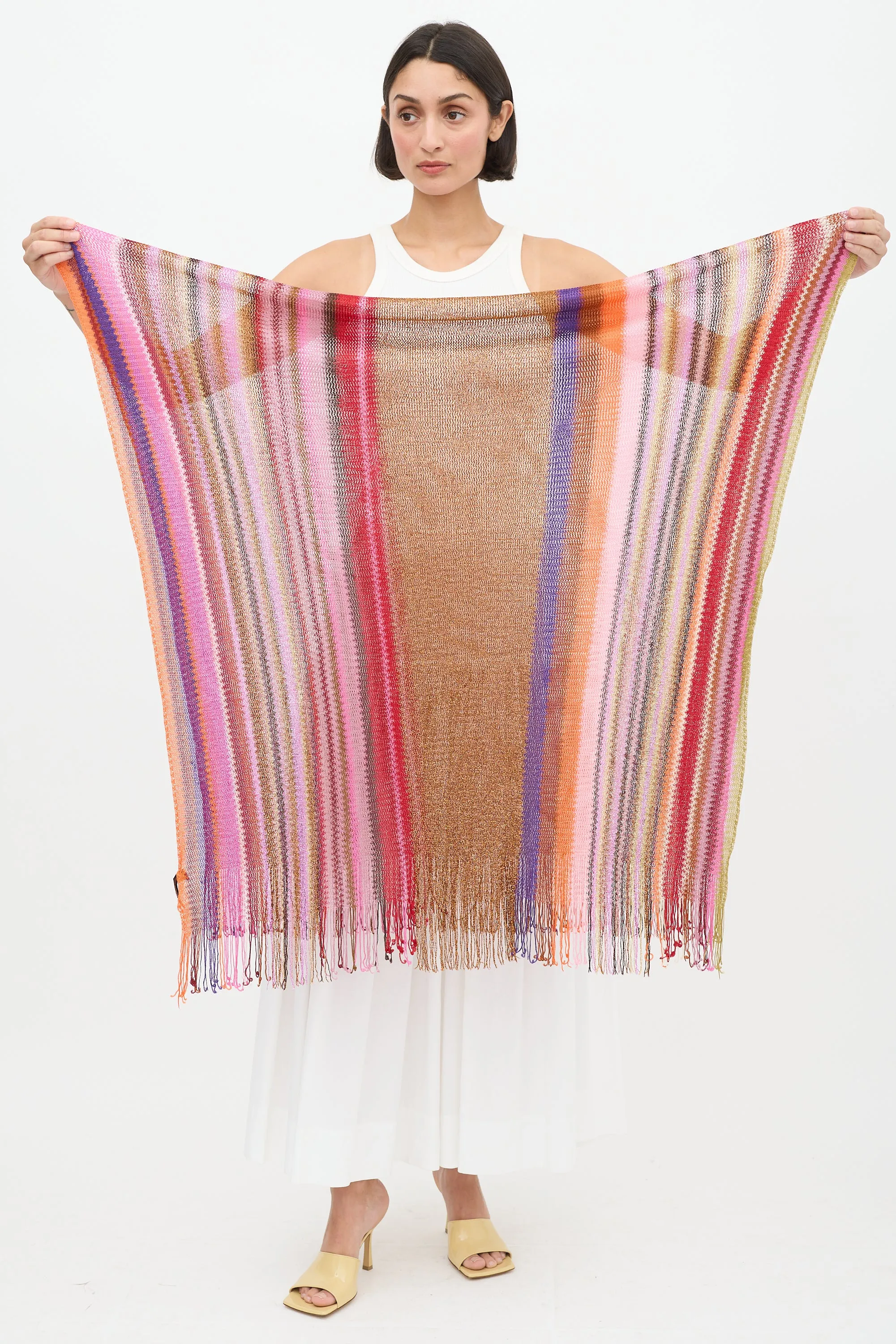 Pink & Multicolour Metallic Striped Scarf