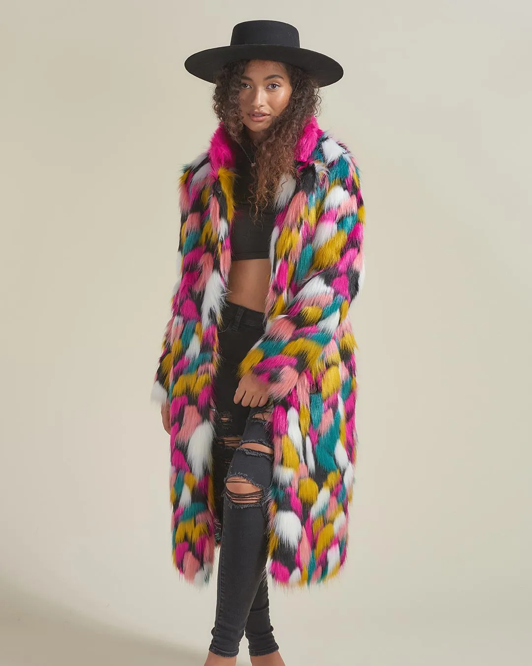 Rainbow Butterfly Calf Length Faux Fur Coat | Women's