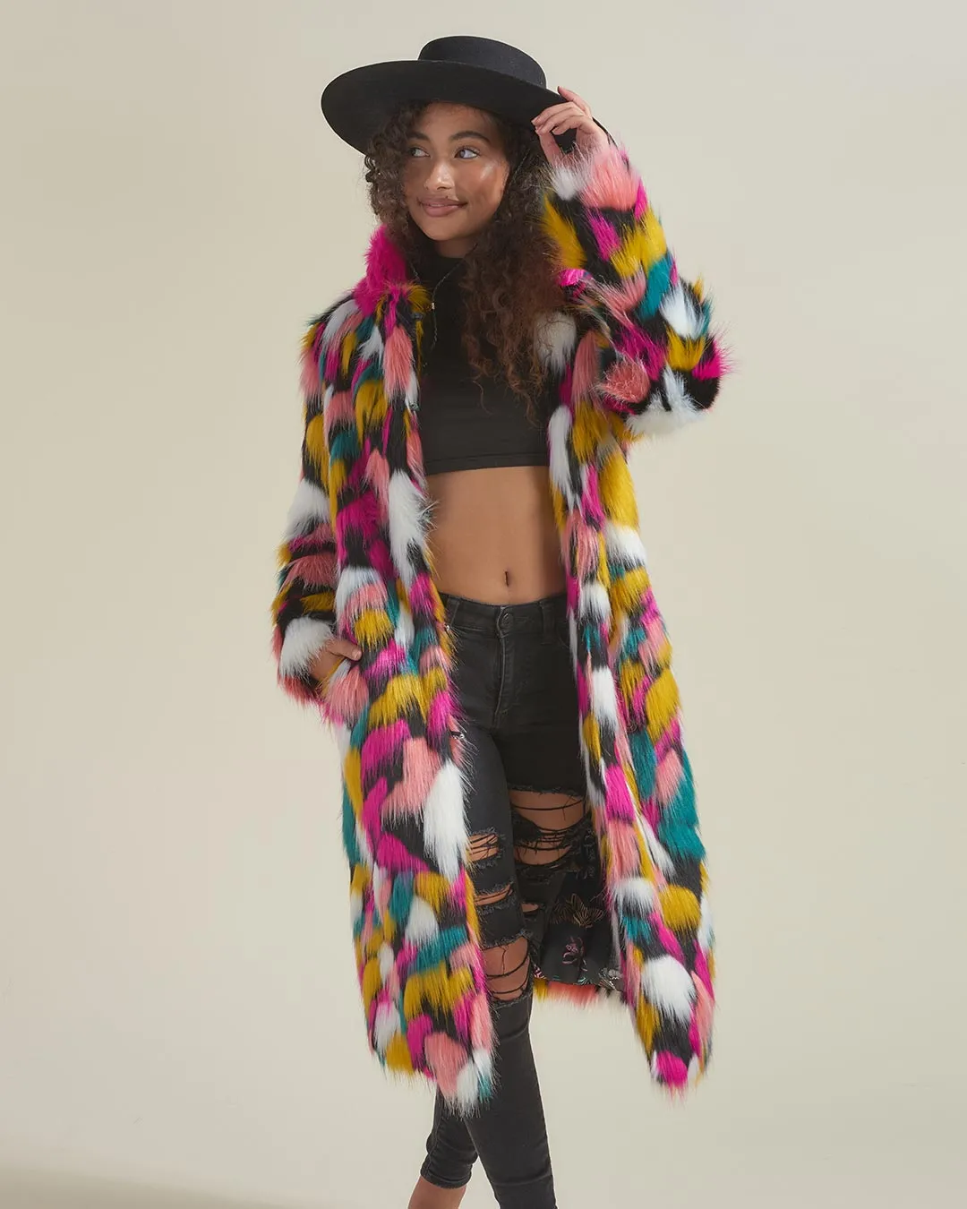 Rainbow Butterfly Calf Length Faux Fur Coat | Women's