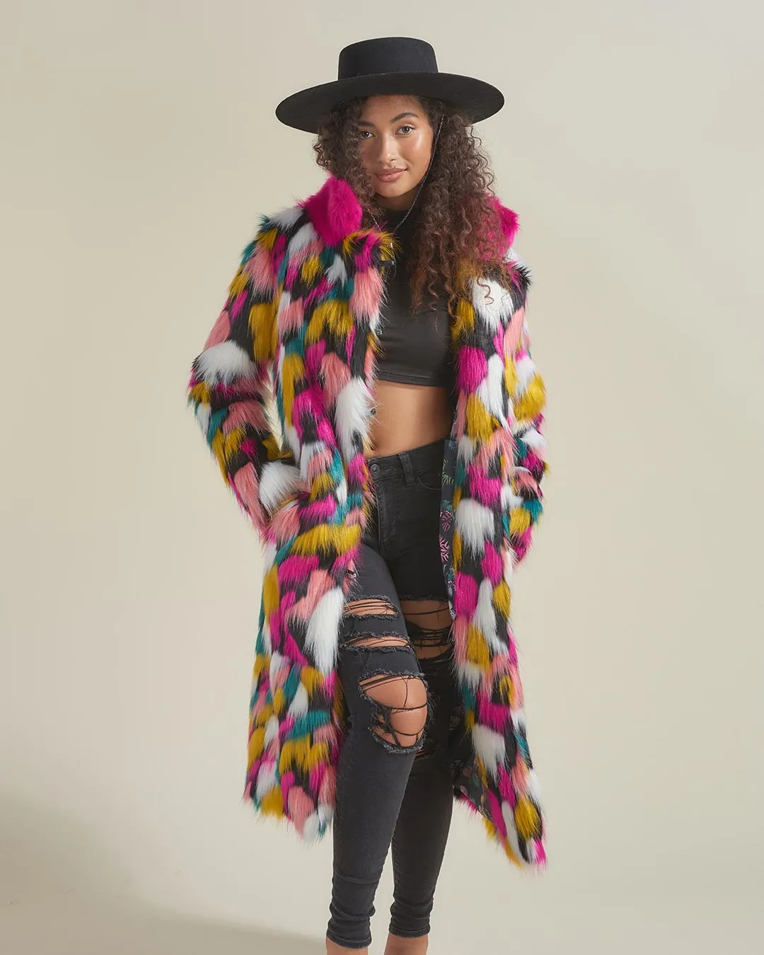 Rainbow Butterfly Calf Length Faux Fur Coat | Women's