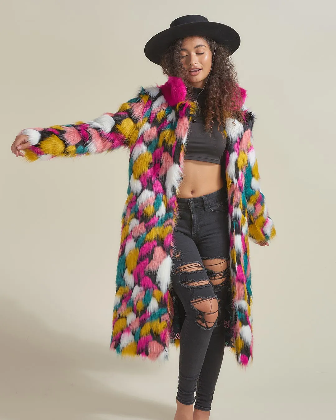 Rainbow Butterfly Calf Length Faux Fur Coat | Women's