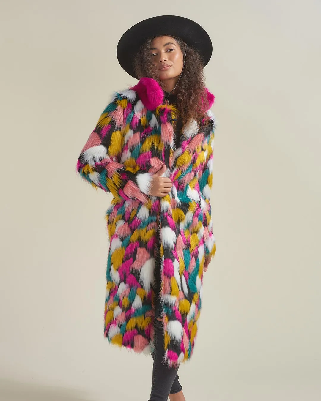 Rainbow Butterfly Calf Length Faux Fur Coat | Women's