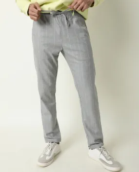 Rare Rabbit Men's Elmss Grey Mid-Rise Regular Fit With Drawstring And Elastic Waistband Striped Trouser